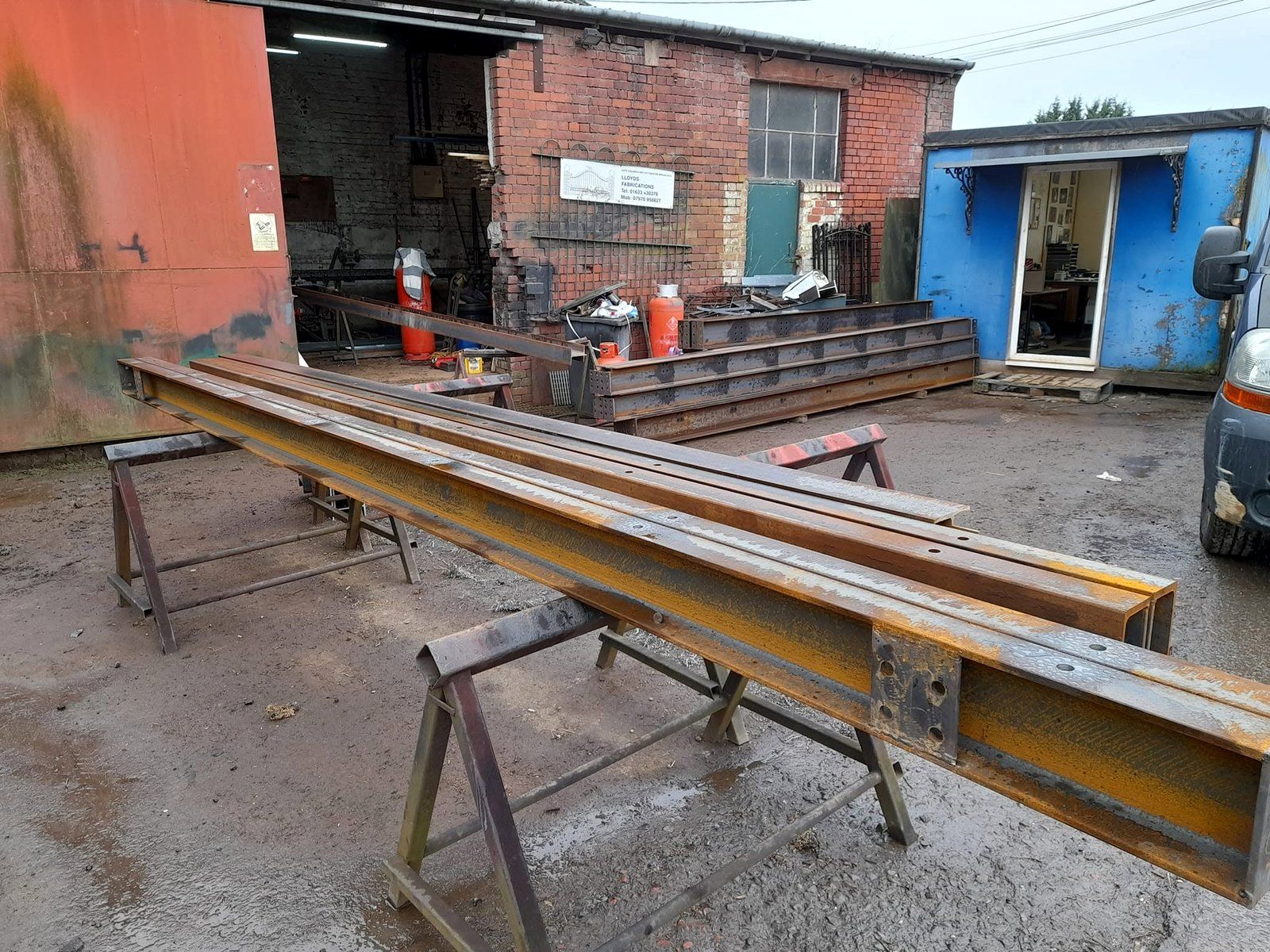 Lloyds Fabrications workshop at Star Trading Estate, Ponthir, with steel beams on trestles